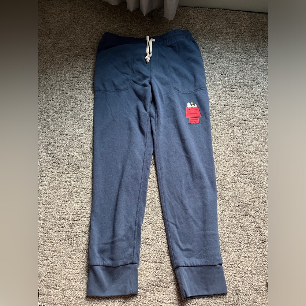 men’s blue snoopy sweatpants, light worn, super soft
